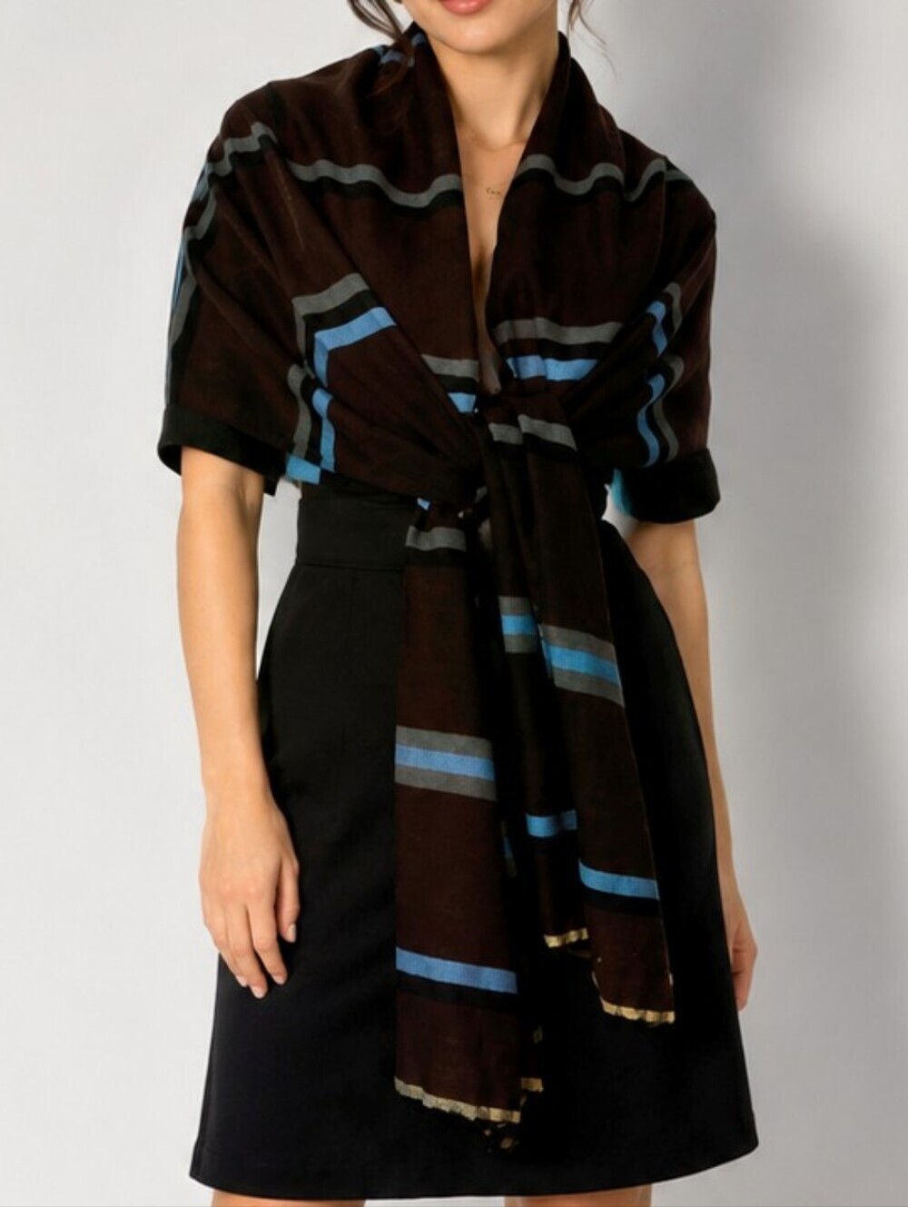 VTG LEMLEM Brown Striped Merino Wool Shawl Wrap